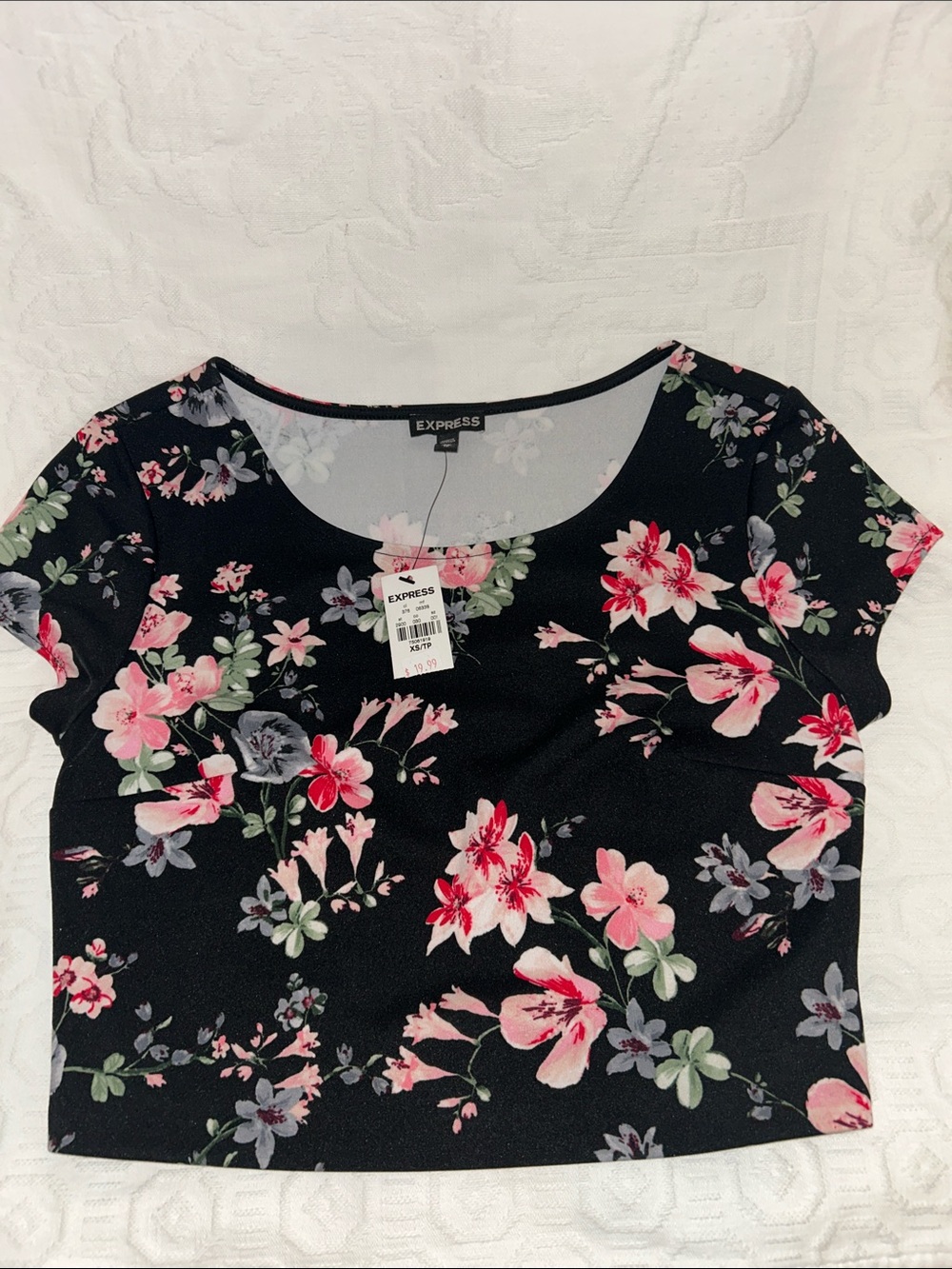 Express Black Floral Crop Top - Pink & Green Botanical Print